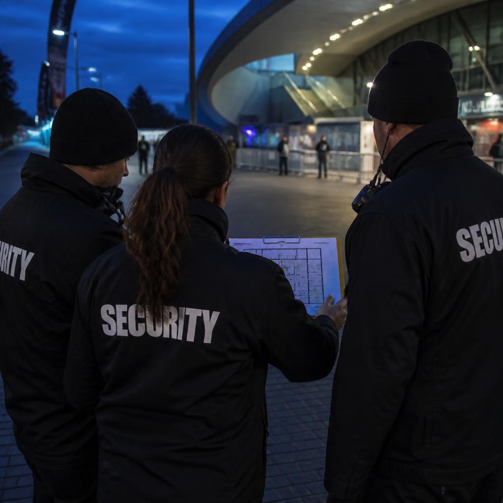 Sicherheitsteam beim Einsatz-Briefing vor einer Veranstaltungslocation