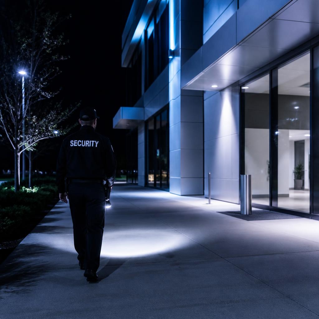 Objektschützer vor einem Firmengebäude bei Nacht