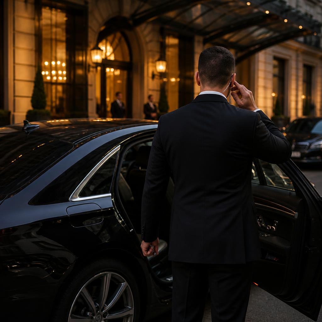 Personenschutz an einer Limousine vor einem Hoteleingang